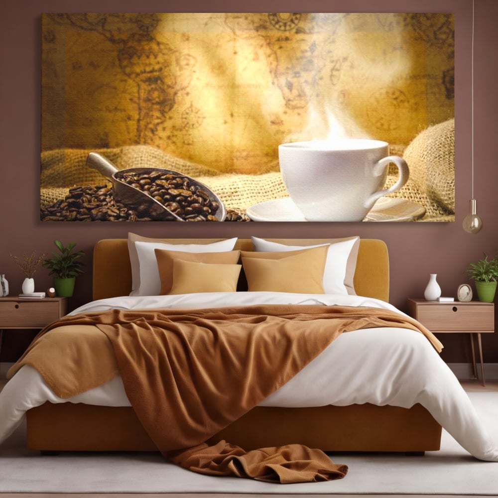 Tablou canvas cu ceasca de cafea cu boabe pe sac de iuta, fara rama, pe sasiu de lemn, pe perete intr-un dormitor